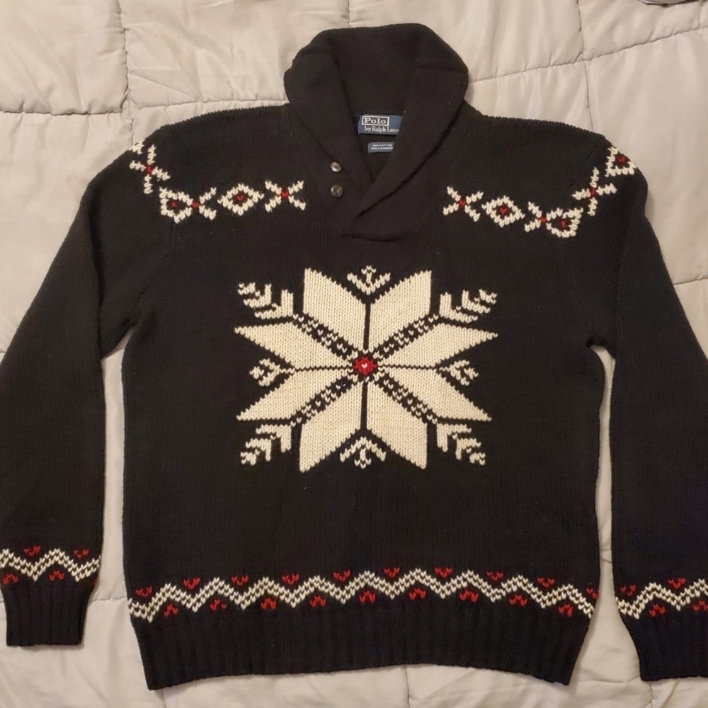 Polo Ralph Lauren XL Snowflake Shawl Collar Cotton Cashmere Pullover Sweater